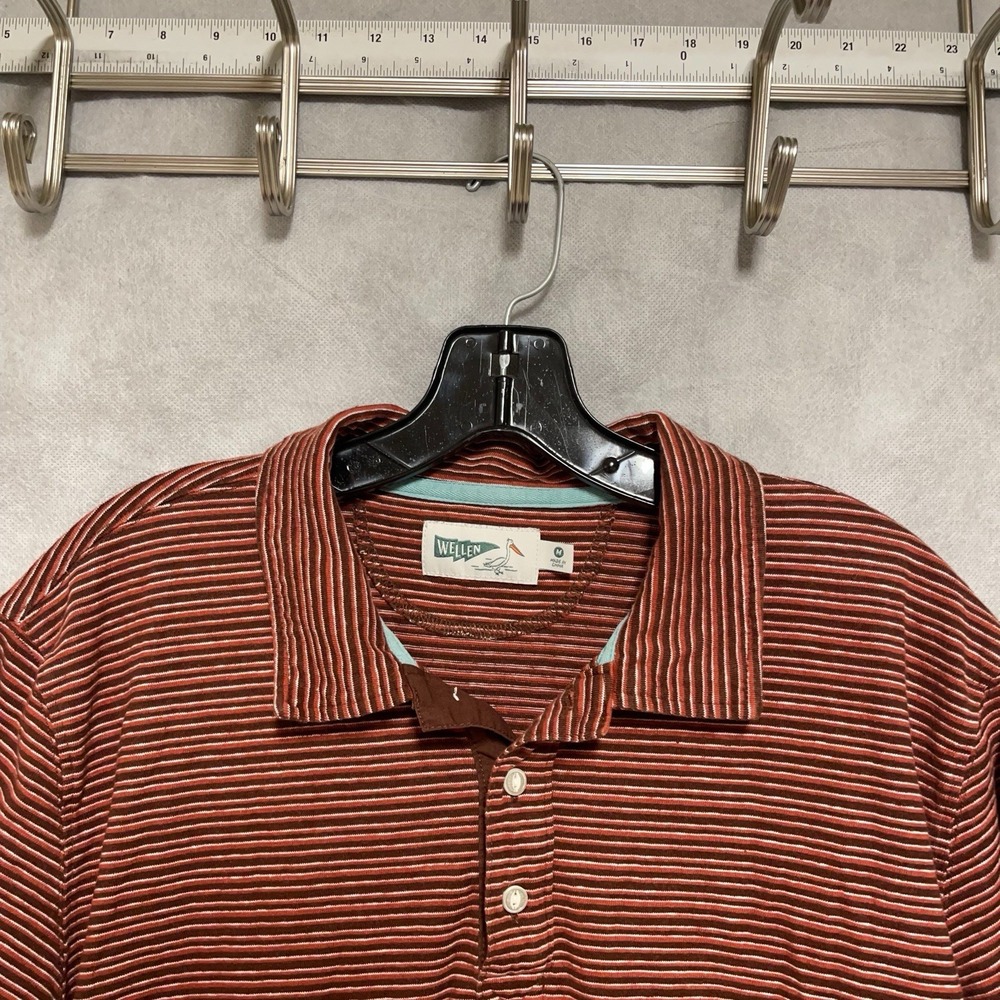 Wellen Polo Shirt Men M Brown Striped Organic Cotton Hemp‎ Huckberry Golf Casual